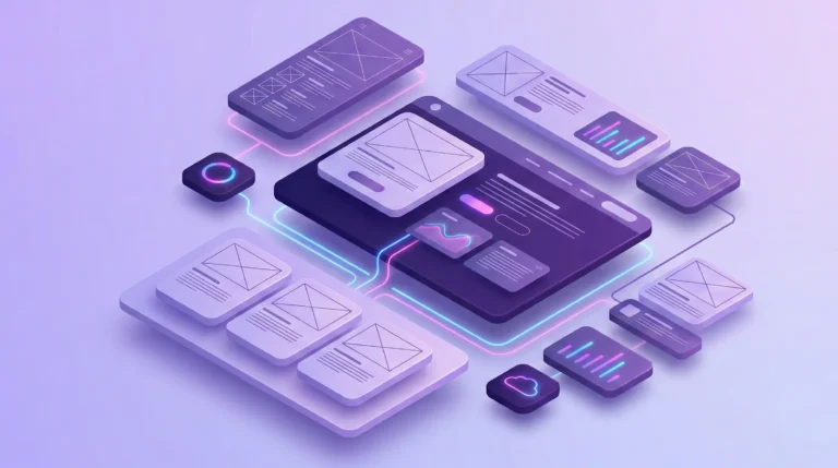 Desarrollo web modular con bloques 3D isométricos y diseño de interfaz moderno.