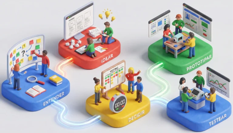 Ilustración isométrica 3D de las etapas del Design Sprint de Google con equipo colaborando.