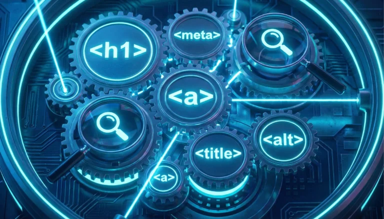 Engranajes digitales y códigos optimizados representando el SEO técnico.