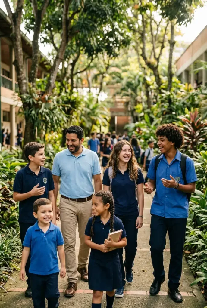 estudiantes de primaria interactuando con un docente y sus compañeros 