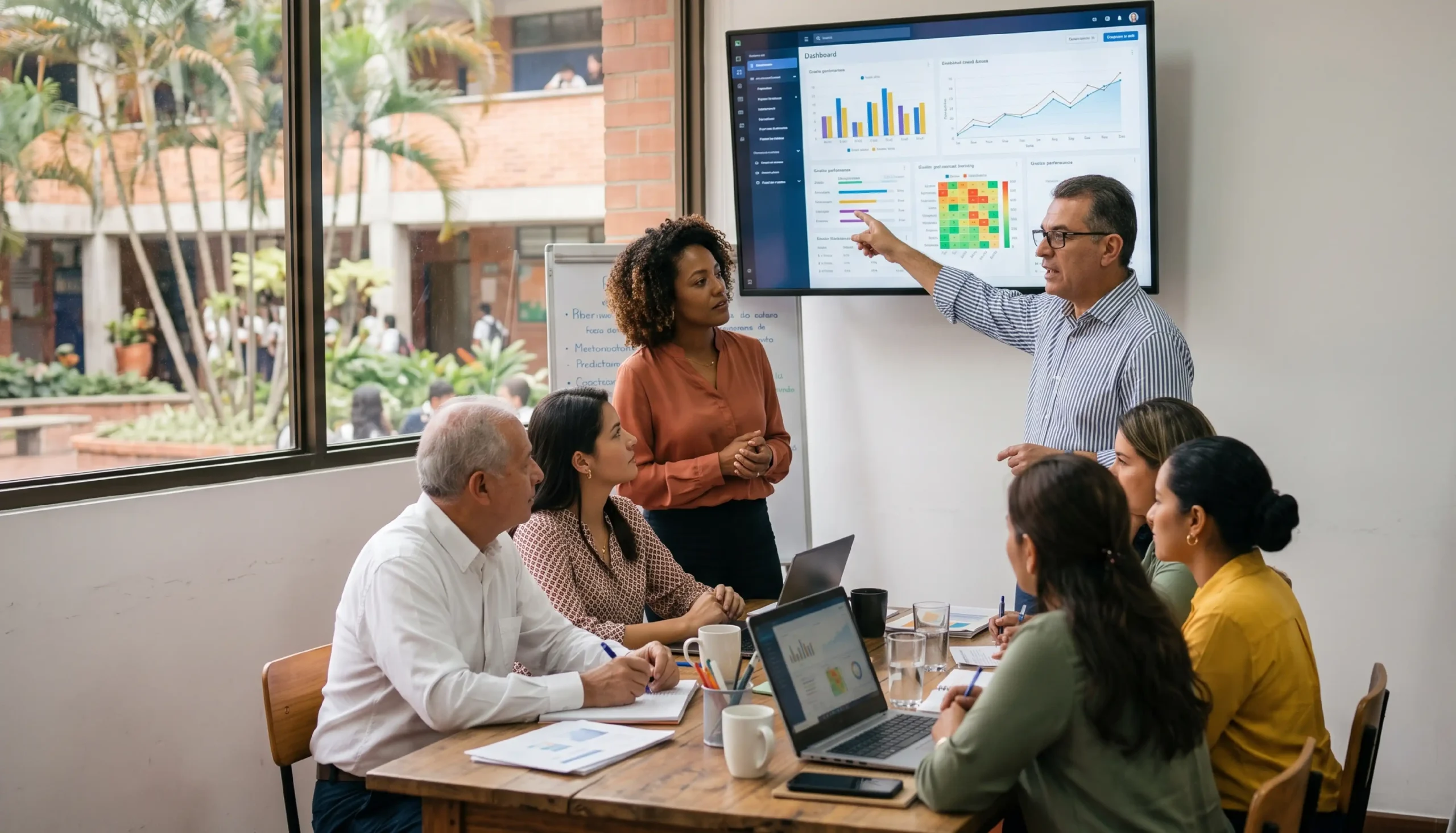 Directivos docentes evaluando cuál es la mejor plataforma educativa para colegios en Colombia en un ecosistema digital