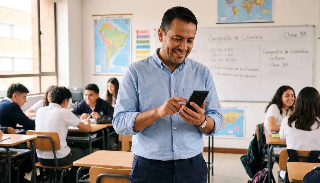 docente colombiano utilizando la mejor plataforma educativa para colegios en colombia con módulo erp escolar