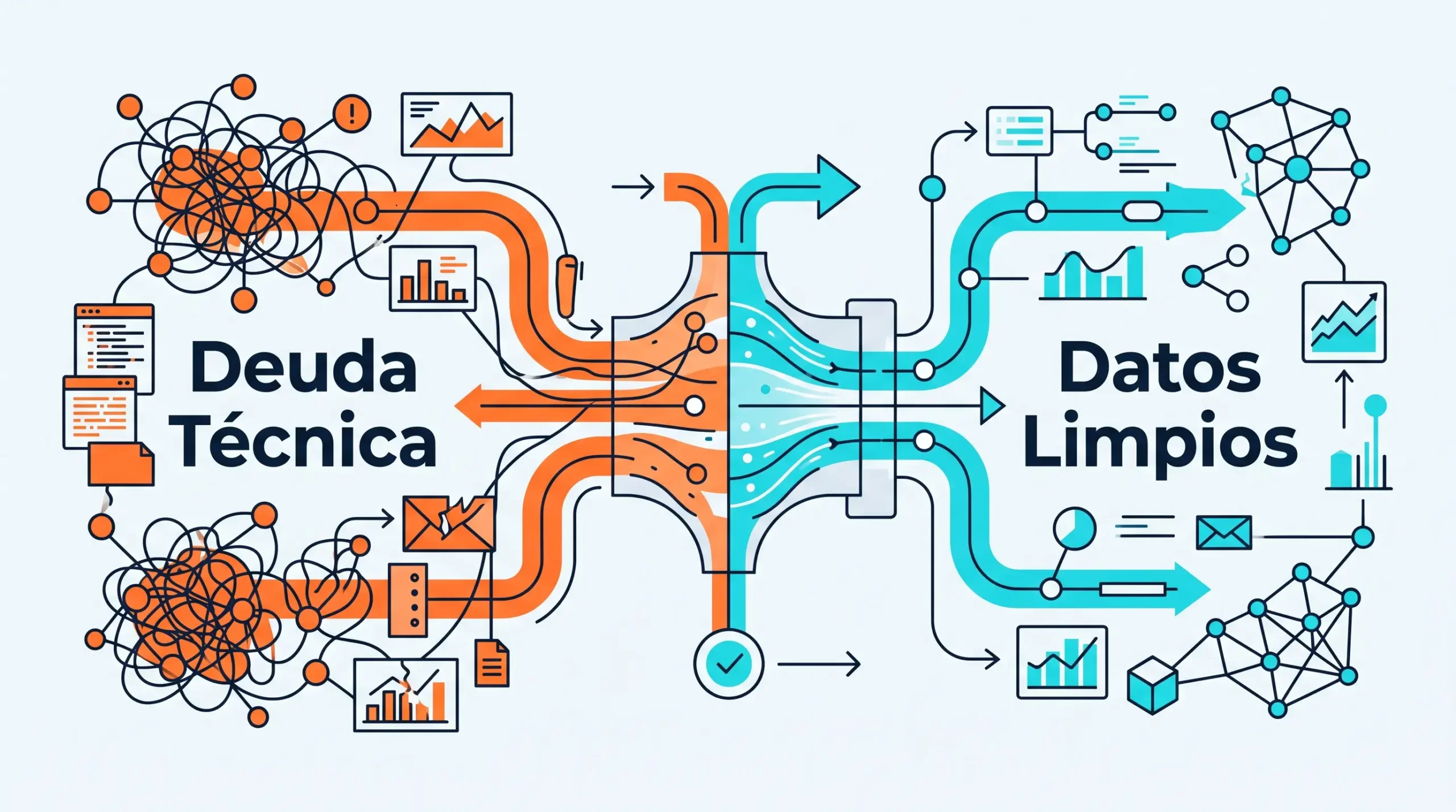 visualización de datos que ilustra la transición de la deuda técnica hacia los datos limpios.