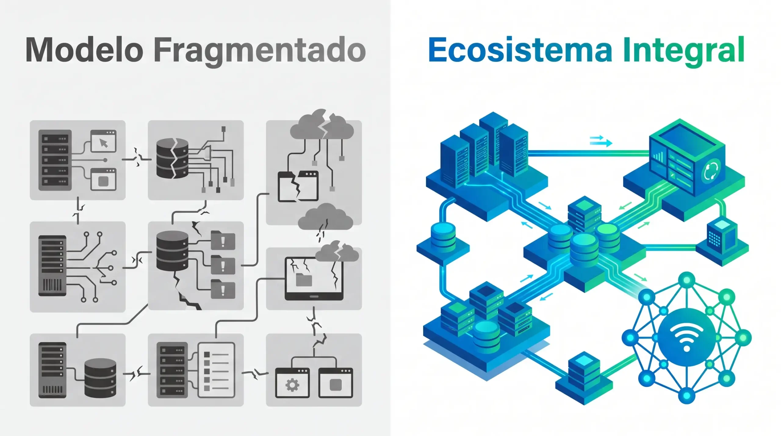 esquema visual que contrasta un modelo fragmentado tradicional frente a un ecosistema integral.